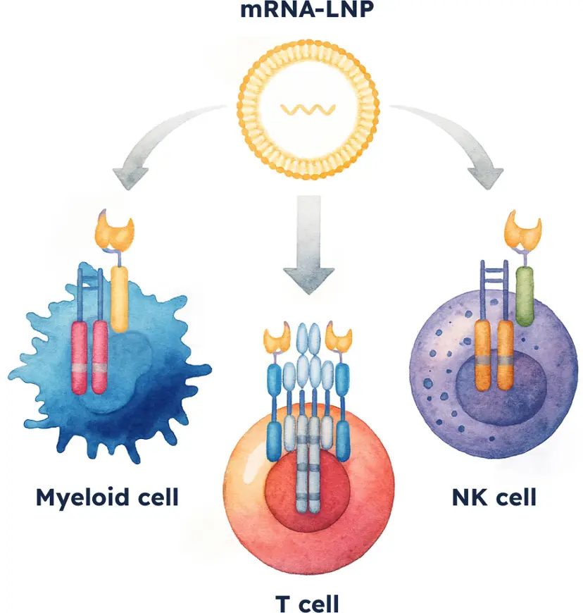 크리에이트 메디신스 — 회사 공식 사이트의 mRNA 세포 그래픽으로, 체내 mRNA-LNP 기반 면역세포 직접 프로그래밍이라는 핵심 기술 콘셉트를 한눈에 전달한다.